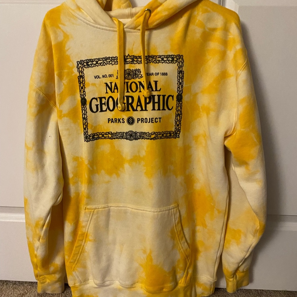 National Geographic parks project yellow tie dye hoodie.  Cotton and polyester